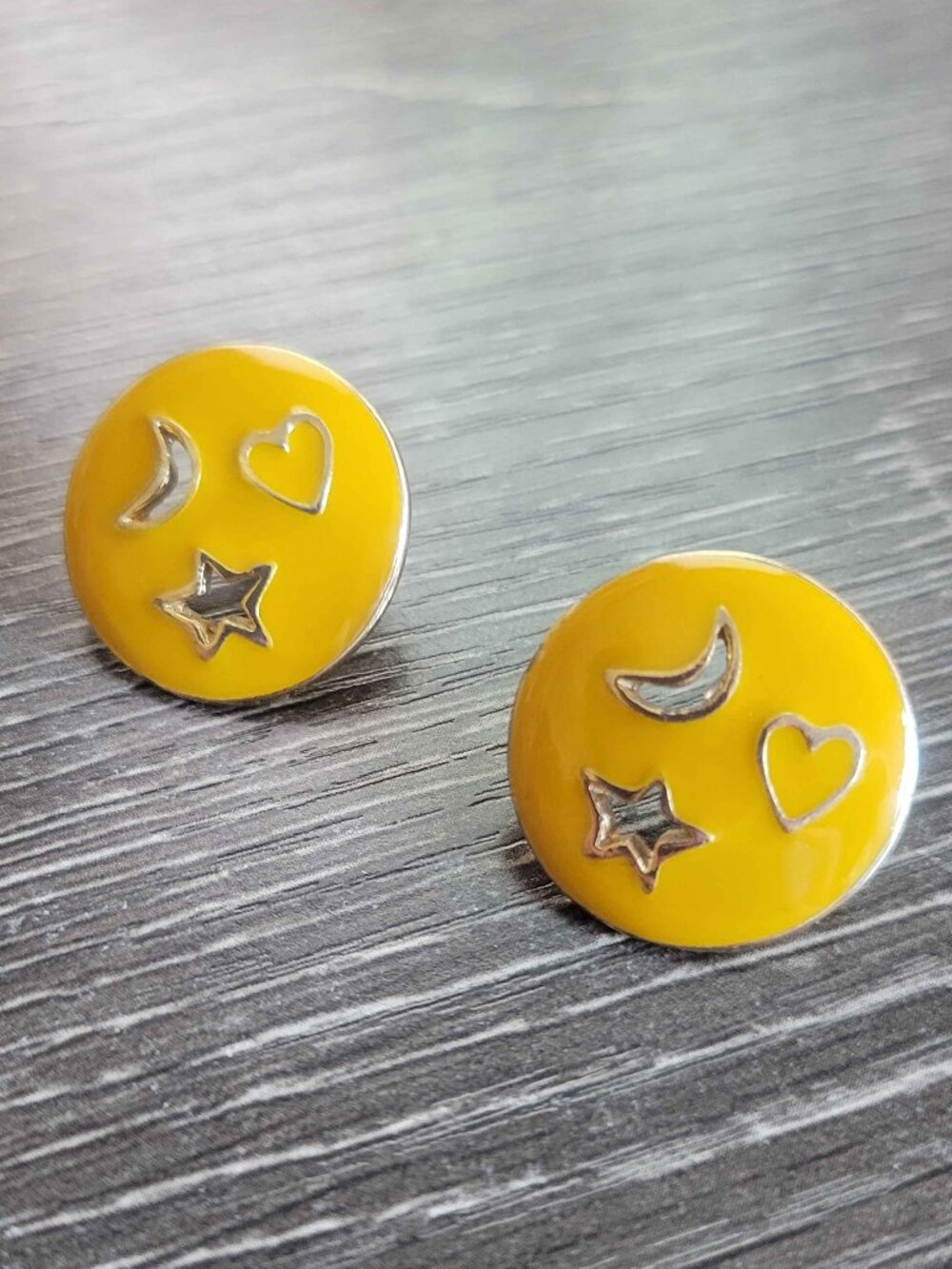 RETRO-style yellow star and moon enamel earrings